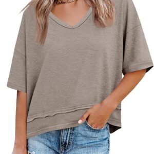 Summer V Neck Short Sleeve Flowy Loose Fit Basic T Shirt Tops