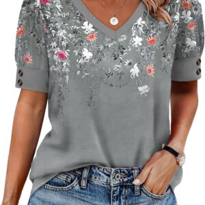 Summer V Neck Button Short Sleeve Casual Blouse Tops