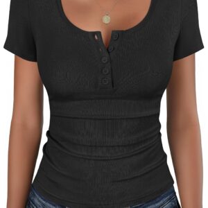 Summer Ribbed Henley Short Sleeve Slim Fit Button Tops